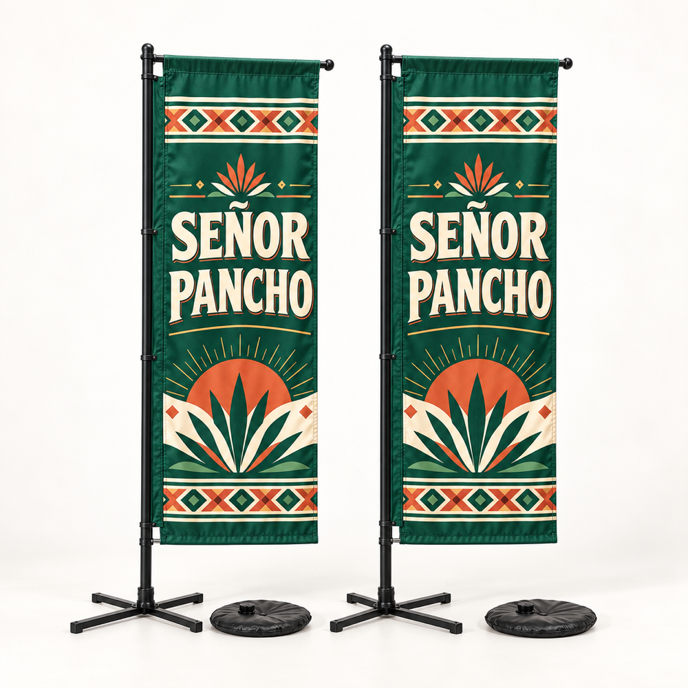 Señor Pancho Rectangular Flag Set | 2 Double-Sided Flags. AI-generated branded product mockup, square 1000 x 1000.