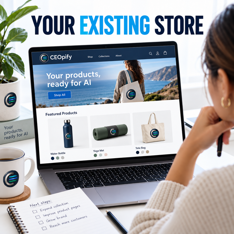 CEOpify branded concept, step 1 of 3: Install AI in your Shopify store!