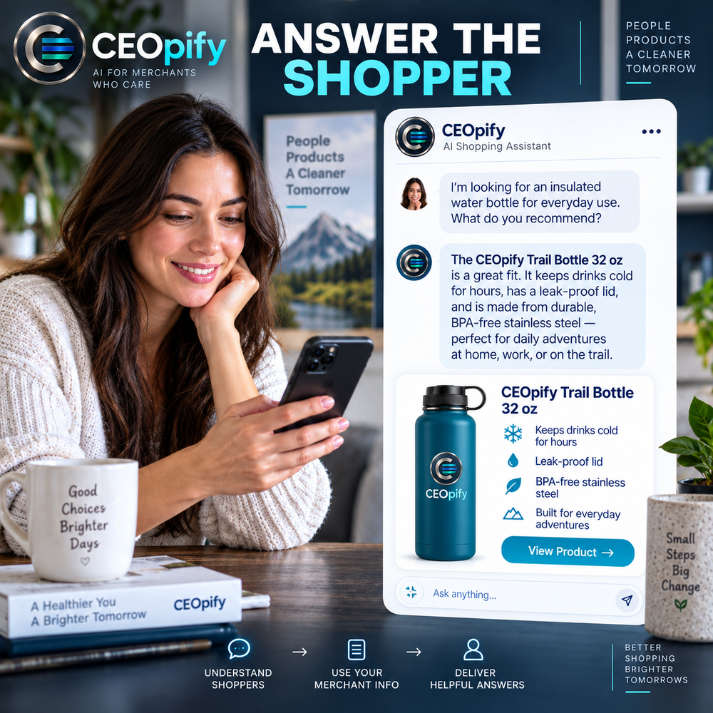 CEOpify branded concept, step 1 of 3: Get discovered in ChatGPT and plan your ads!