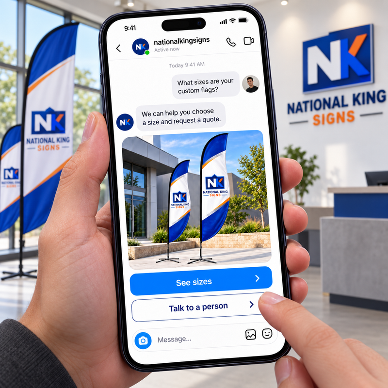 ManyChat for Instagram. AI-generated illustrative concept with National King Signs flags and sample chat; not a live conversation.