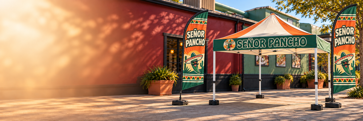 Señor Pancho branded canopy and feather flags