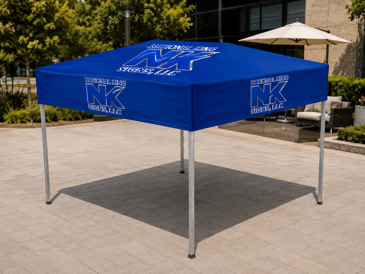 National King Signs AI branded hero 2026-09-06: Premium Aluminum 10' Flat Top Tent Kit, 17" Valance