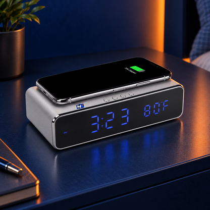 Con tu marca: Reloj despertador con cargador inalámbrico. Vista 1 del producto.