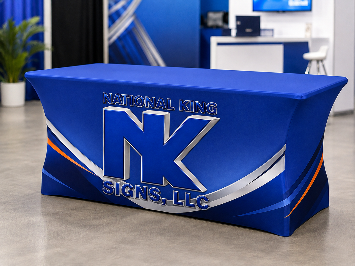 National King Signs AI branded hero 2026-09-06: Premium Stretch Table Cover (Full-Color Dye Sublimation, Full Bleed)