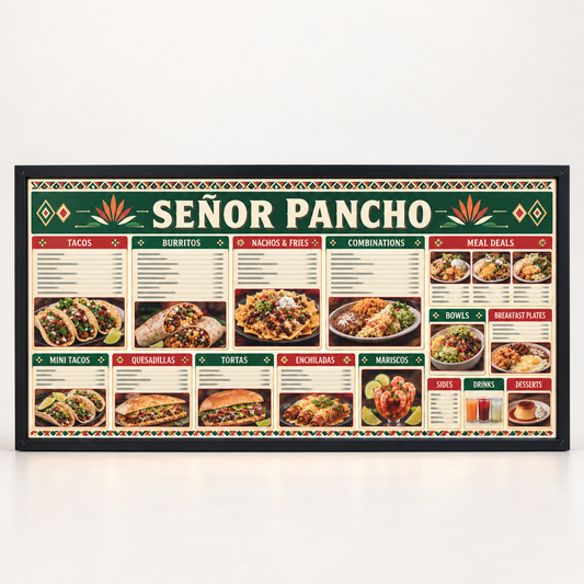 Señor Pancho Outdoor LED Menu Board | 48 × 96 in. AI-generated branded product mockup, square 1000 x 1000.