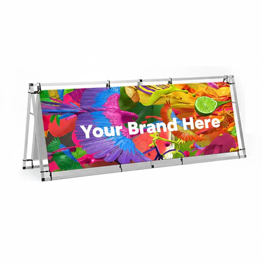 Illustrative custom A-frame banner at an outdoor event
