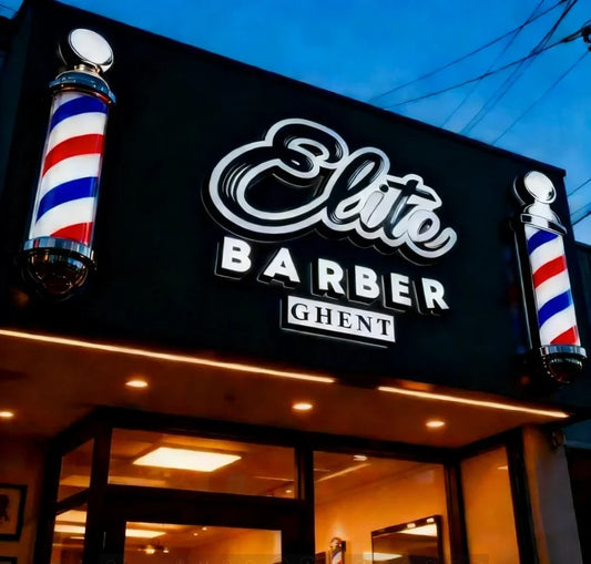 Cartel comercial 3D personalizado con logo metálico y halo de luz, para barberías, salones de belleza y fachadas exteriores. Vista 1 del producto.