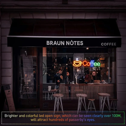 Cartel LED USB de taza de café arcoíris, estilo neón. Vista 4 del producto.