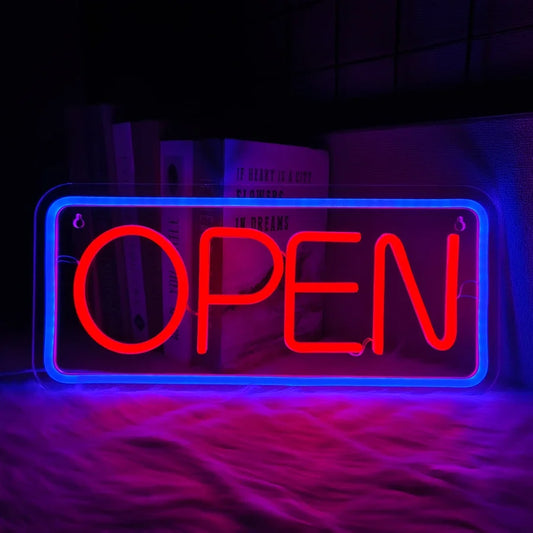 Cartel LED USB de estilo neón «OPEN» (Abierto), rojo y azul. Vista 1 del producto.
