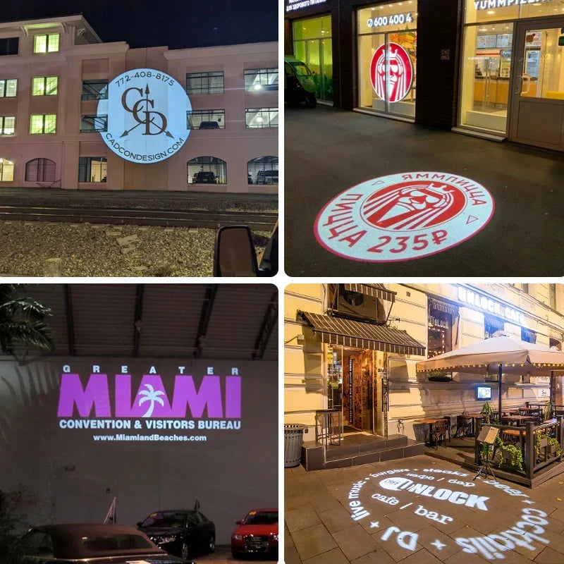 Proyector LED giratorio de logo gobo personalizado, impermeable IP67, para entradas y pisos de comercios en exteriores. Vista 2 del producto.