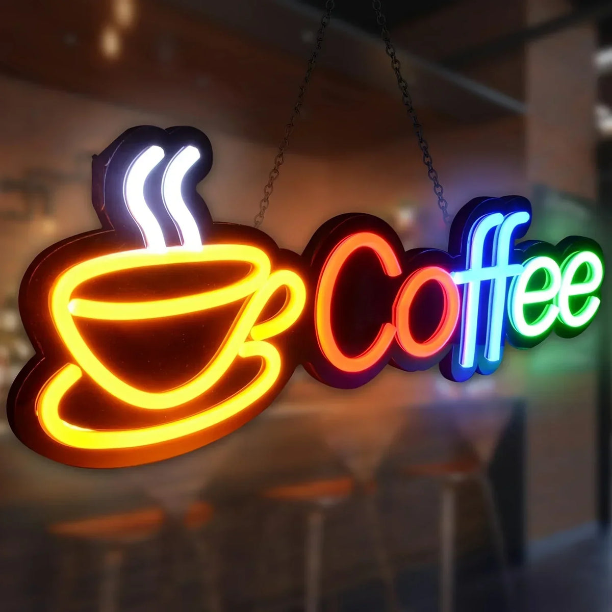 Cartel LED USB de taza de café arcoíris, estilo neón. Vista 1 del producto.