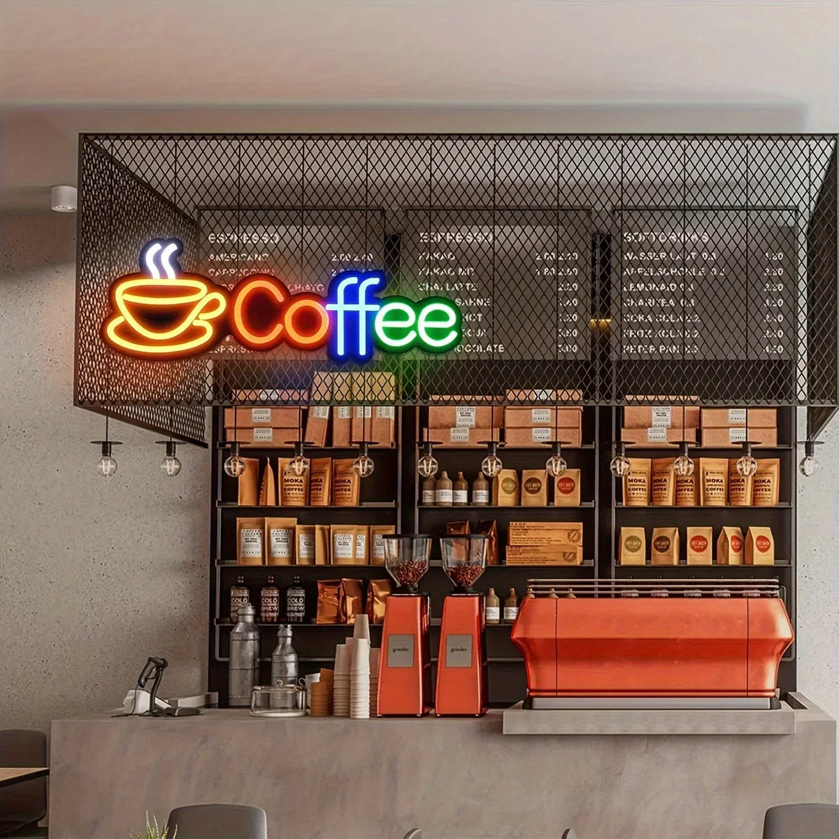 Cartel LED USB de taza de café arcoíris, estilo neón. Vista 5 del producto.