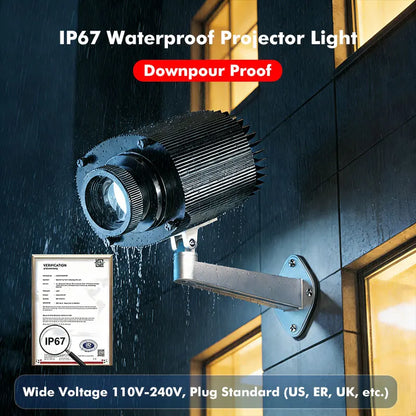 Proyector LED giratorio de logo gobo personalizado, impermeable IP67, para entradas y pisos de comercios en exteriores. Vista 4 del producto.