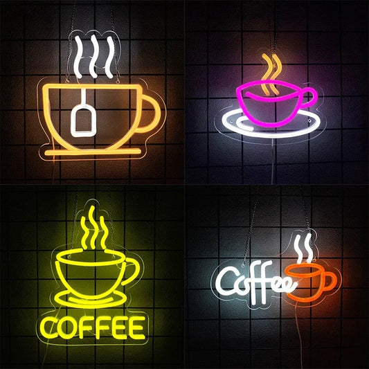 Carteles LED USB con taza de café, estilo neón. Vista 1 del producto.
