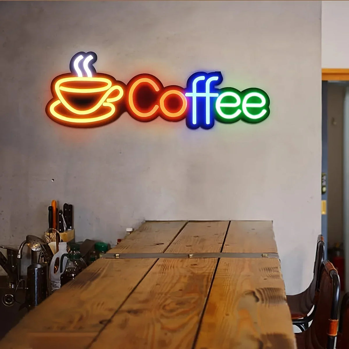 Cartel LED USB de taza de café arcoíris, estilo neón. Vista 2 del producto.