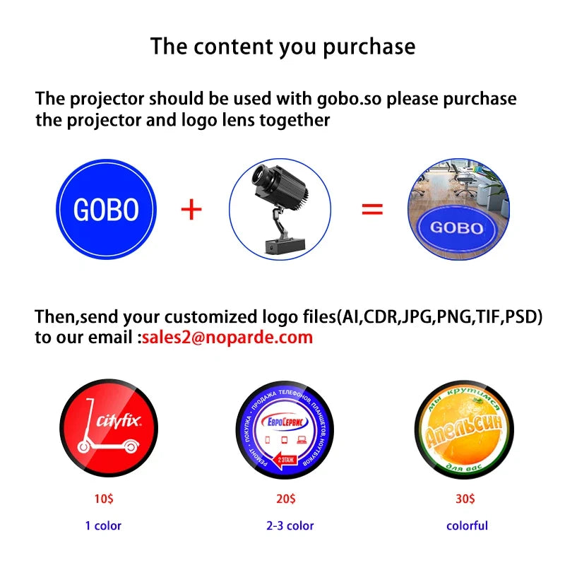 Proyector LED giratorio de logo gobo personalizado, impermeable IP67, para entradas y pisos de comercios en exteriores. Vista 5 del producto.