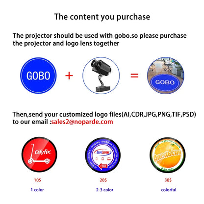 Proyector LED giratorio de logo gobo personalizado, impermeable IP67, para entradas y pisos de comercios en exteriores. Vista 5 del producto.