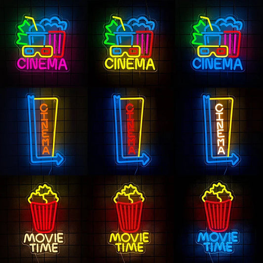 Cartel LED USB de cine y pochoclos, estilo neón. Vista 1 del producto.