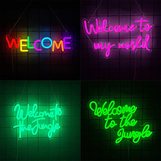 Cartel LED USB de estilo neón «Welcome to the Jungle» (Bienvenido a la selva). Vista 1 del producto.