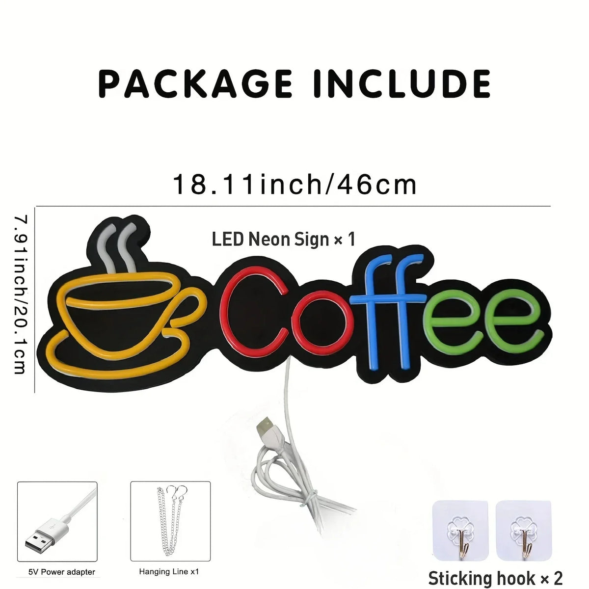 Cartel LED USB de taza de café arcoíris, estilo neón. Vista 3 del producto.