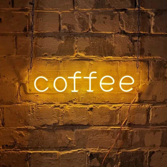 Cartel LED USB con letras de café, estilo neón, 40 × 10 cm. Vista 1 del producto.