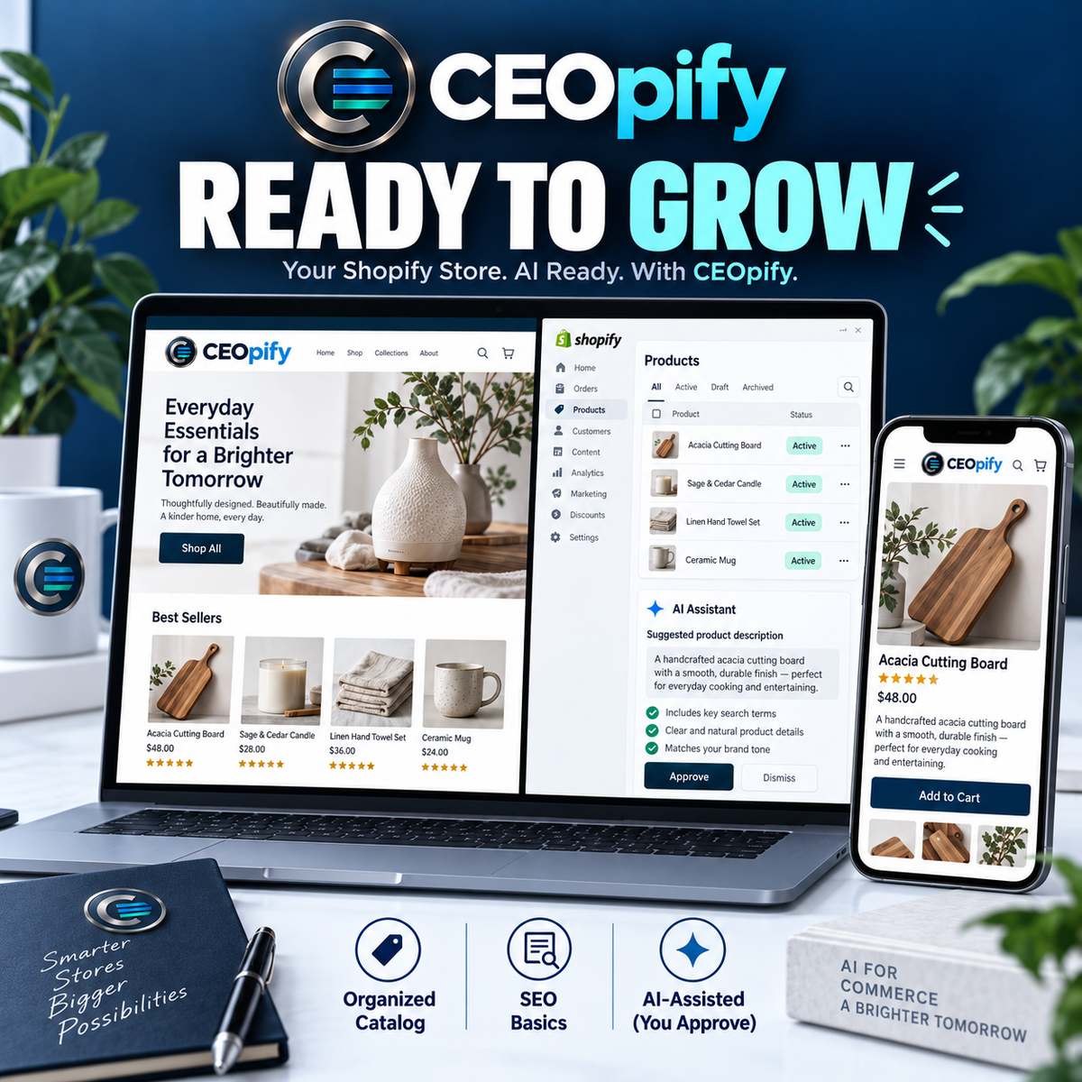 CEOpify branded concept, step 3 of 3: Install AI in your Shopify store!