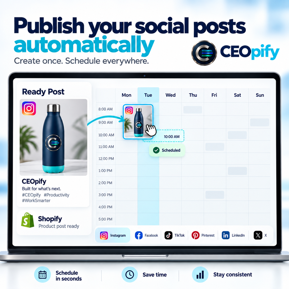 CEOpify branded concept, step 2 of 3: Publish your social posts automatically!