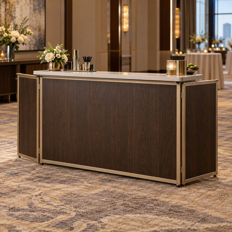 Illustrative AI concept, not manufacturer product photography. Original premium folding event bar with finished wood panels in a hotel ballroom.