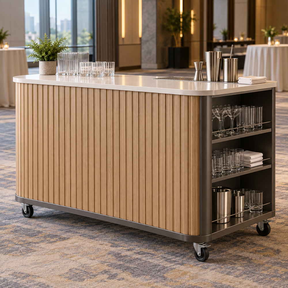 Illustrative AI concept, not manufacturer product photography. Original premium mobile commercial bar with fluted wood front and open storage.