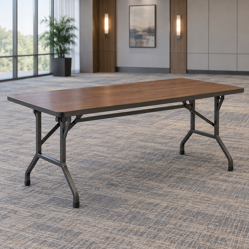 Illustrative AI concept, not manufacturer product photography. Generic fixed-width commercial folding table with finished walnut top in a conference room.