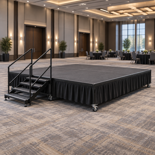 Illustrative AI concept, not manufacturer product photography. Generic portable rolling modular stage with steps and dark skirting in a convention hall.