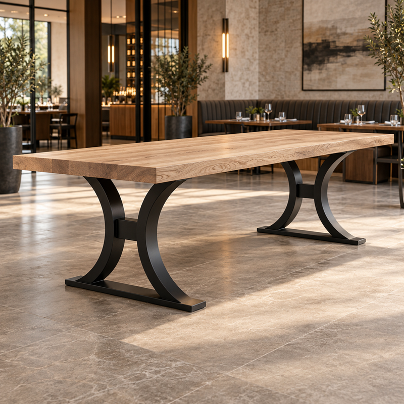 Illustrative AI concept, not manufacturer product photography. Generic premium communal table with thick ash top and curved black steel supports.