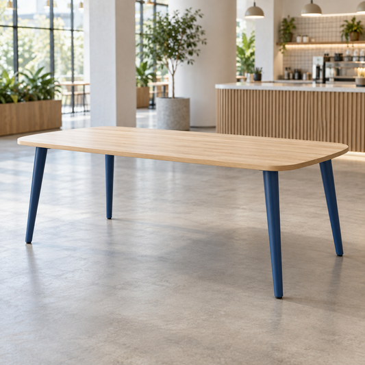 Illustrative AI concept, not manufacturer product photography. Generic minimalist communal table with pale oak top and tapered blue legs.