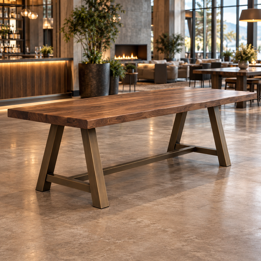 Illustrative AI concept, not manufacturer product photography. Generic long communal hospitality table with walnut top and bronze A-frame base.