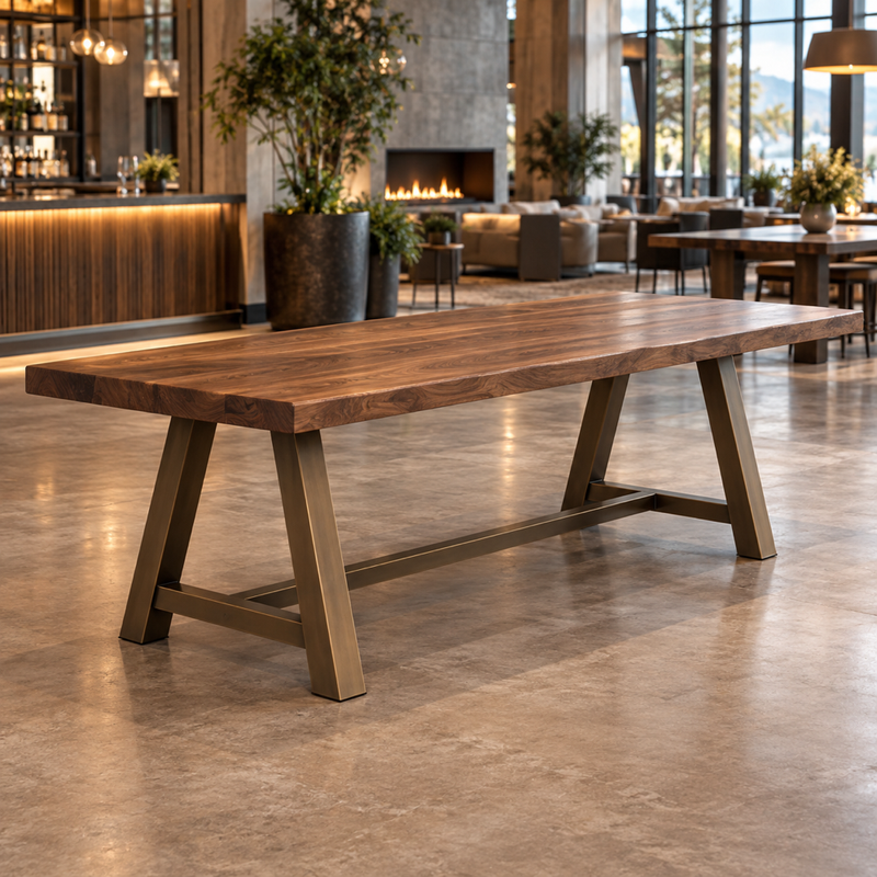 Illustrative AI concept, not manufacturer product photography. Generic long communal hospitality table with walnut top and bronze A-frame base.
