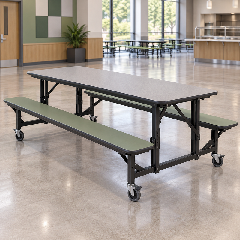 Illustrative AI concept, not manufacturer product photography. Generic mobile cafeteria table with two attached green benches and folding frame.
