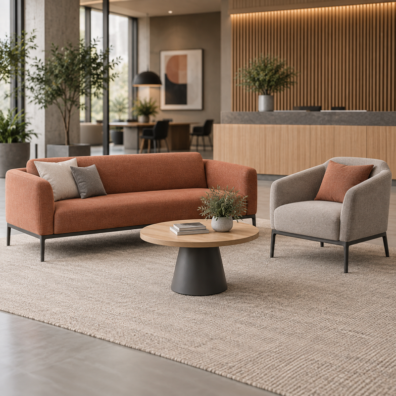 Illustrative AI concept, not manufacturer product photography. Unbranded modular commercial lounge family with sofa, chair and table.