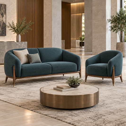 Illustrative AI concept, not manufacturer product photography. Unbranded commercial lounge sofa and matching chair in a hospitality lobby.