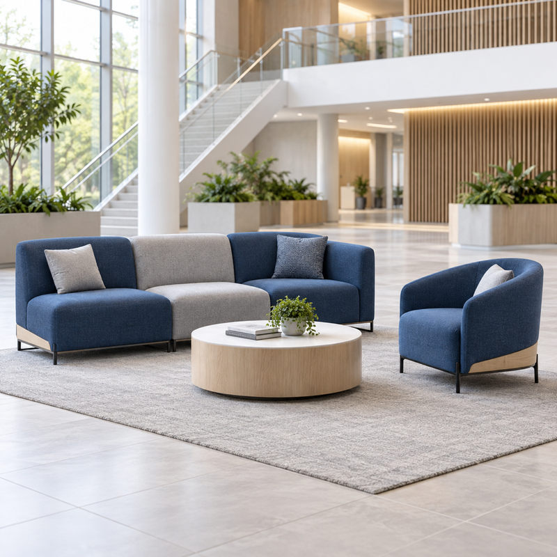 Illustrative AI concept, not manufacturer product photography. Unbranded blue modular commercial sofa and matching lounge chair.