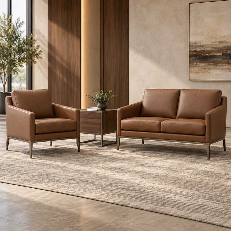 Illustrative AI concept, not manufacturer product photography. Unbranded executive lounge set with settee, chair and side table.