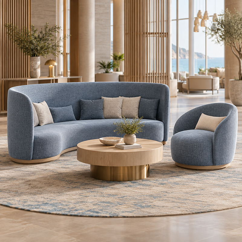 Illustrative AI concept, not manufacturer product photography. Unbranded curved high-back hospitality sofa and rounded lounge chair.