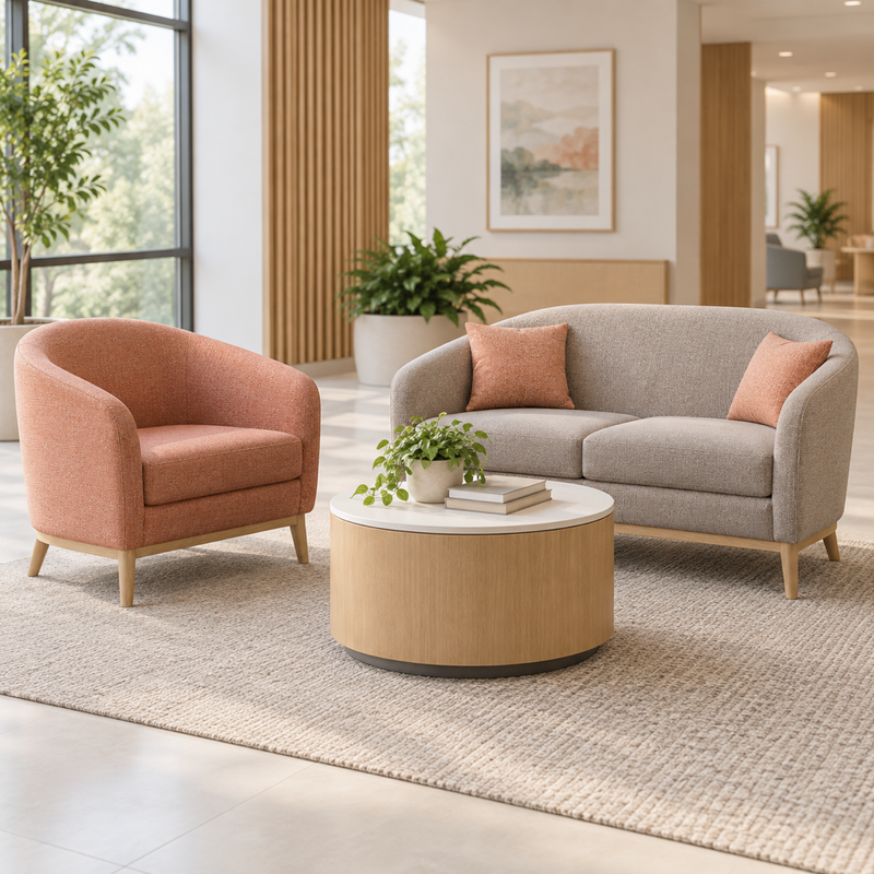 Illustrative AI concept, not manufacturer product photography. Unbranded rounded lounge chair, loveseat and occasional table.