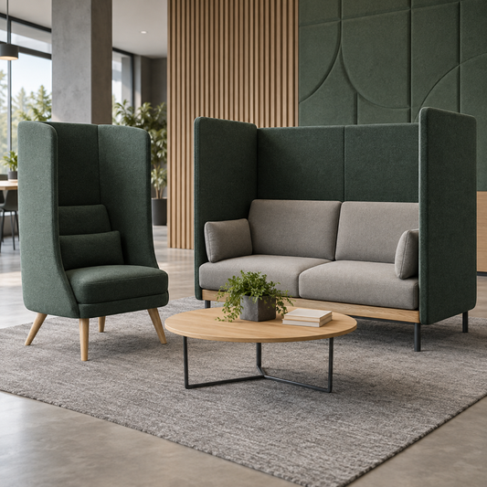 Illustrative AI concept, not manufacturer product photography. Unbranded high-back privacy chair and two-seat acoustic lounge booth.