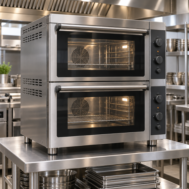 Illustrative AI concept, not manufacturer product photography. Unbranded two-chamber commercial multi-cook combi oven.