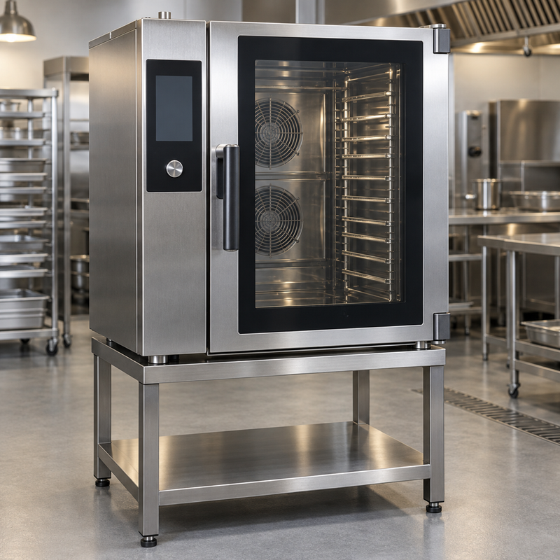 Illustrative AI concept, not manufacturer product photography. Unbranded medium-capacity professional combi oven in a commercial kitchen.