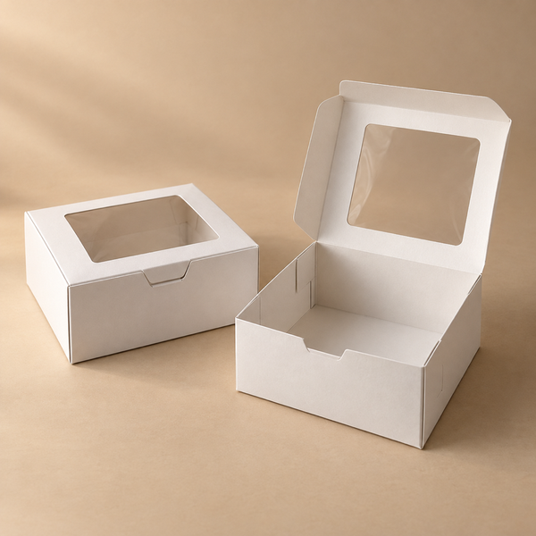 Illustrative AI concept of custom printed bakery boxes, blank and unbranded; illustrative AI concept, not a supplier sample