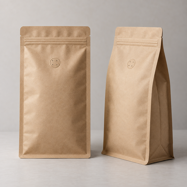 Illustrative AI concept of custom printed coffee bags, blank and unbranded; illustrative AI concept, not a supplier sample