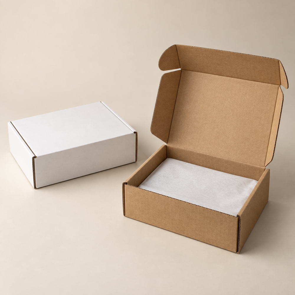 Illustrative AI concept of custom printed mailer boxes, blank and unbranded; illustrative AI concept, not a supplier sample