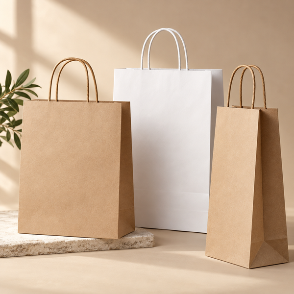 Illustrative AI concept of custom printed paper shopping bags, blank and unbranded; illustrative AI concept, not a supplier sample