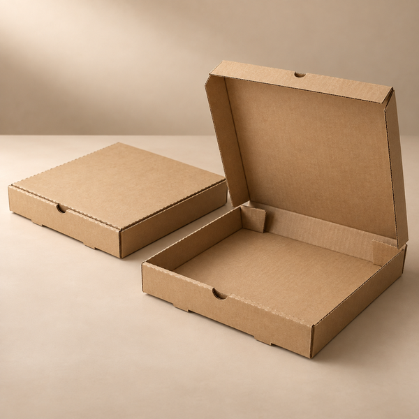 Illustrative AI concept of custom printed pizza boxes, blank and unbranded; illustrative AI concept, not a supplier sample